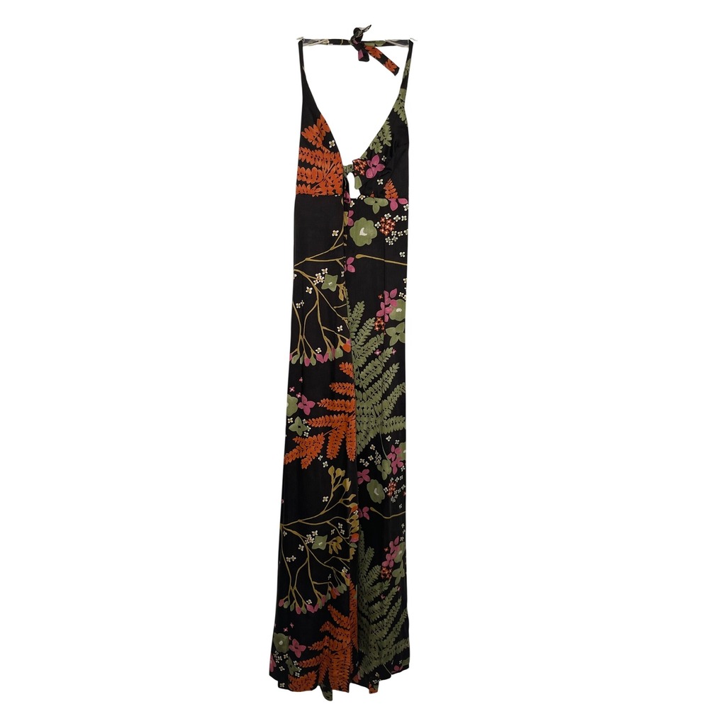 Vintage Fumis Originals Honolulu Hawaii Halter Sz 8 Maxi Dress Floral Fern Black
